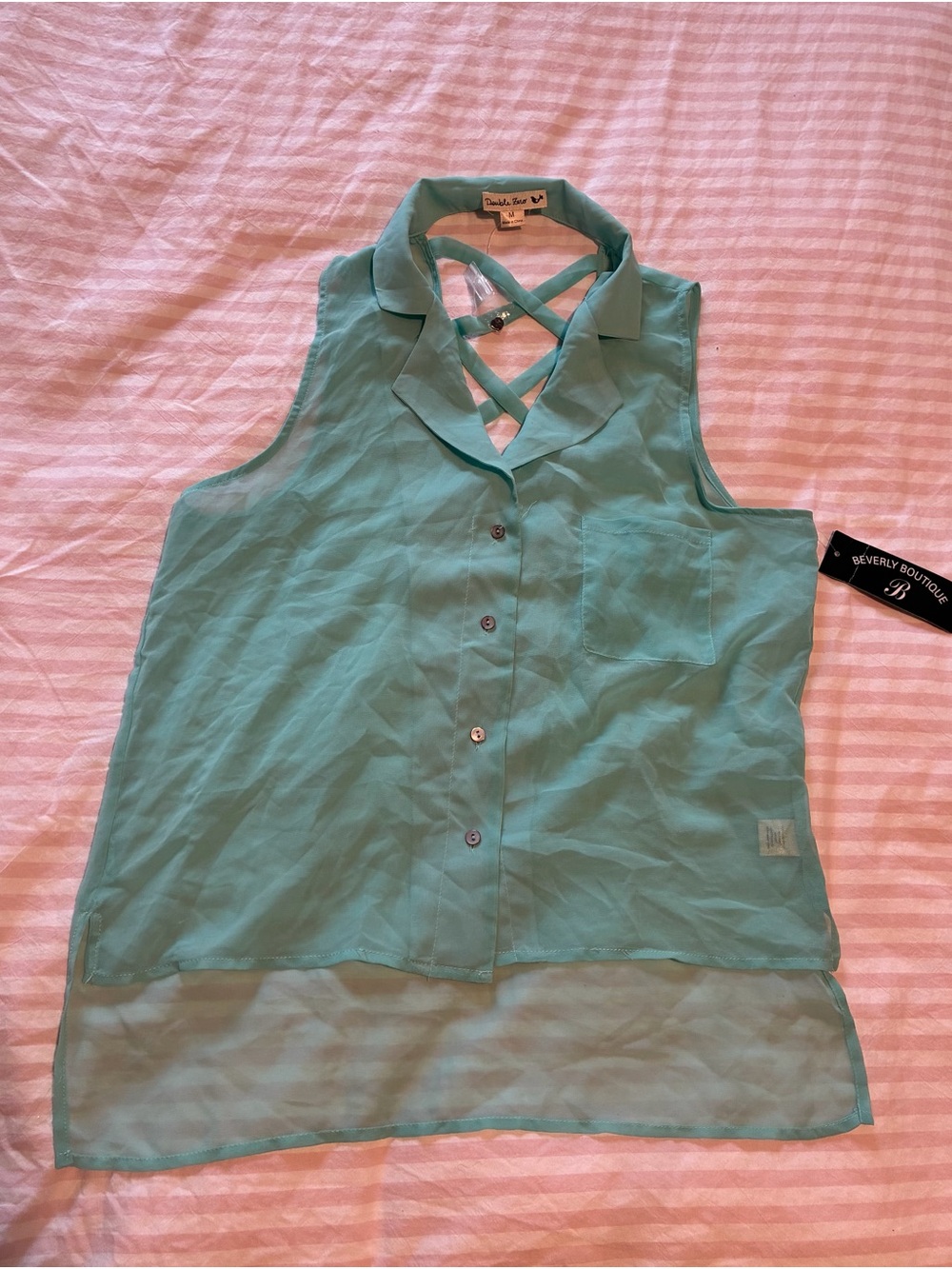 Double Zero Sleeveless Crisscross Neck Sheer-Hem Top - Aqua
